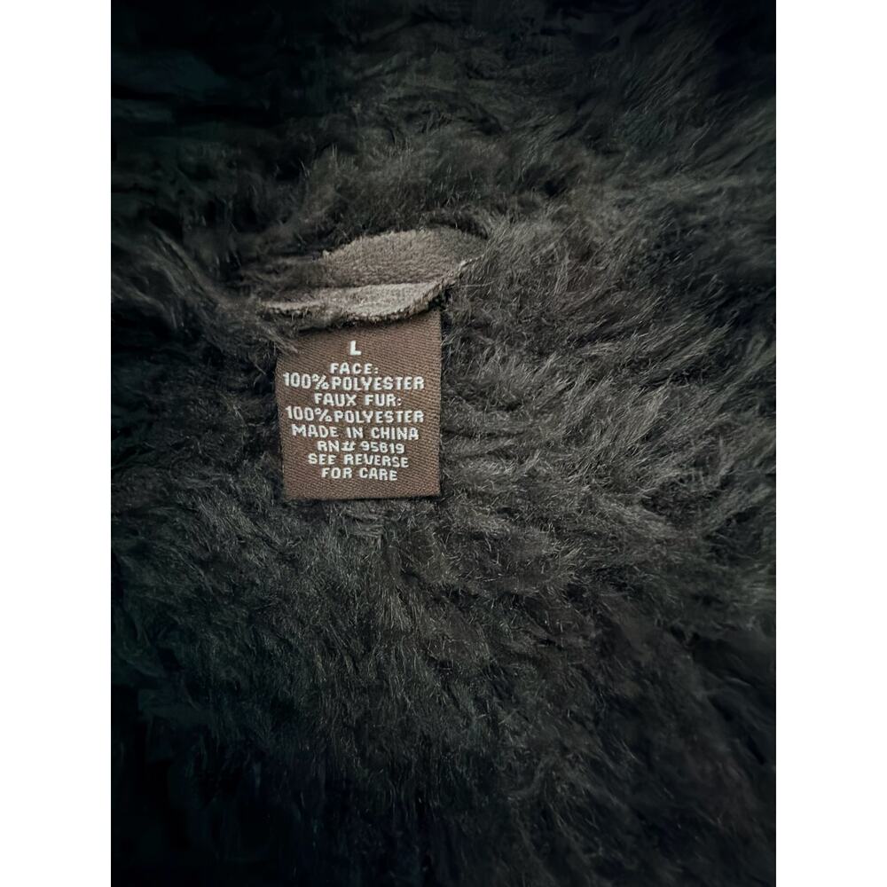 Fever Faux Fur Open Front Jacket L Brown Sherpa Lined Asymmetrical Hem Cozy - Picture 10 of 11
